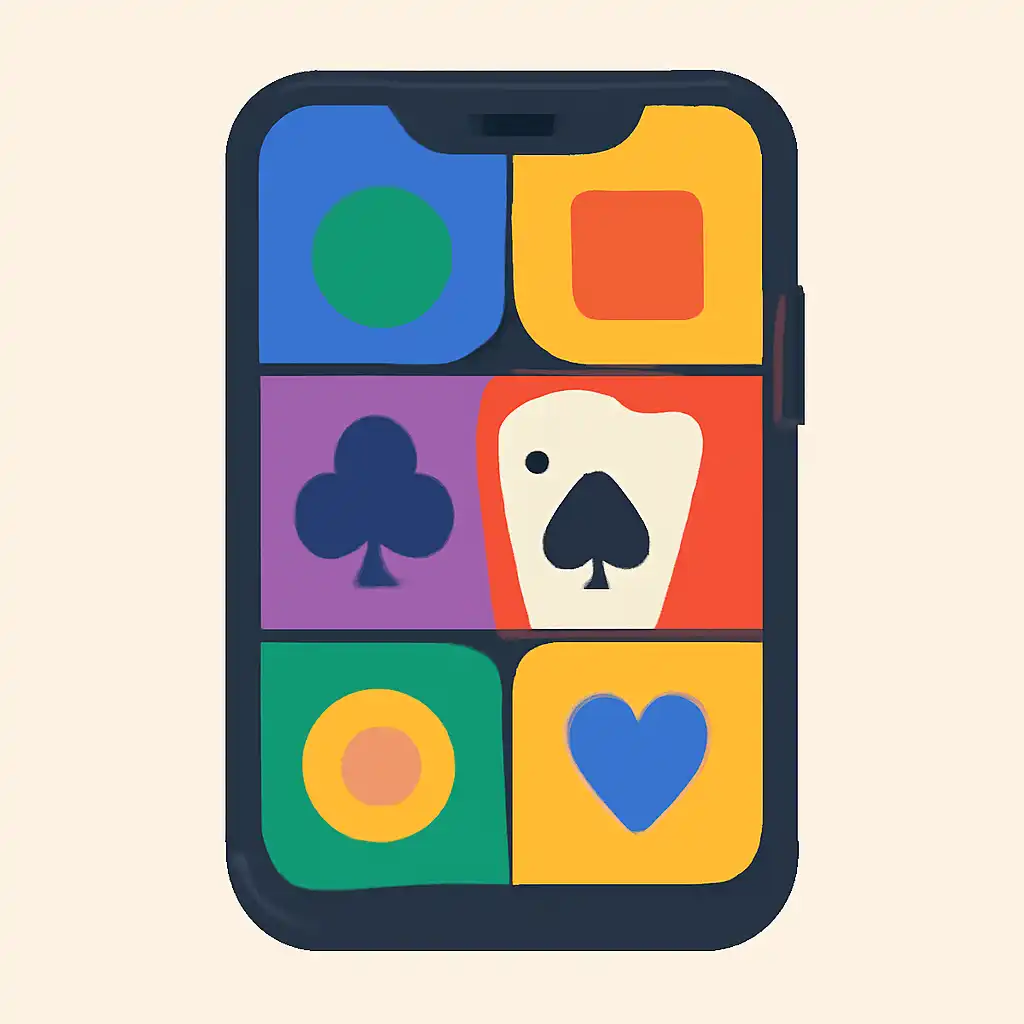 Smartphone shown from the front displaying a colourful flat layout of abstract game icons and rounded tiles (no text, no letters, no labels), Teen Patti