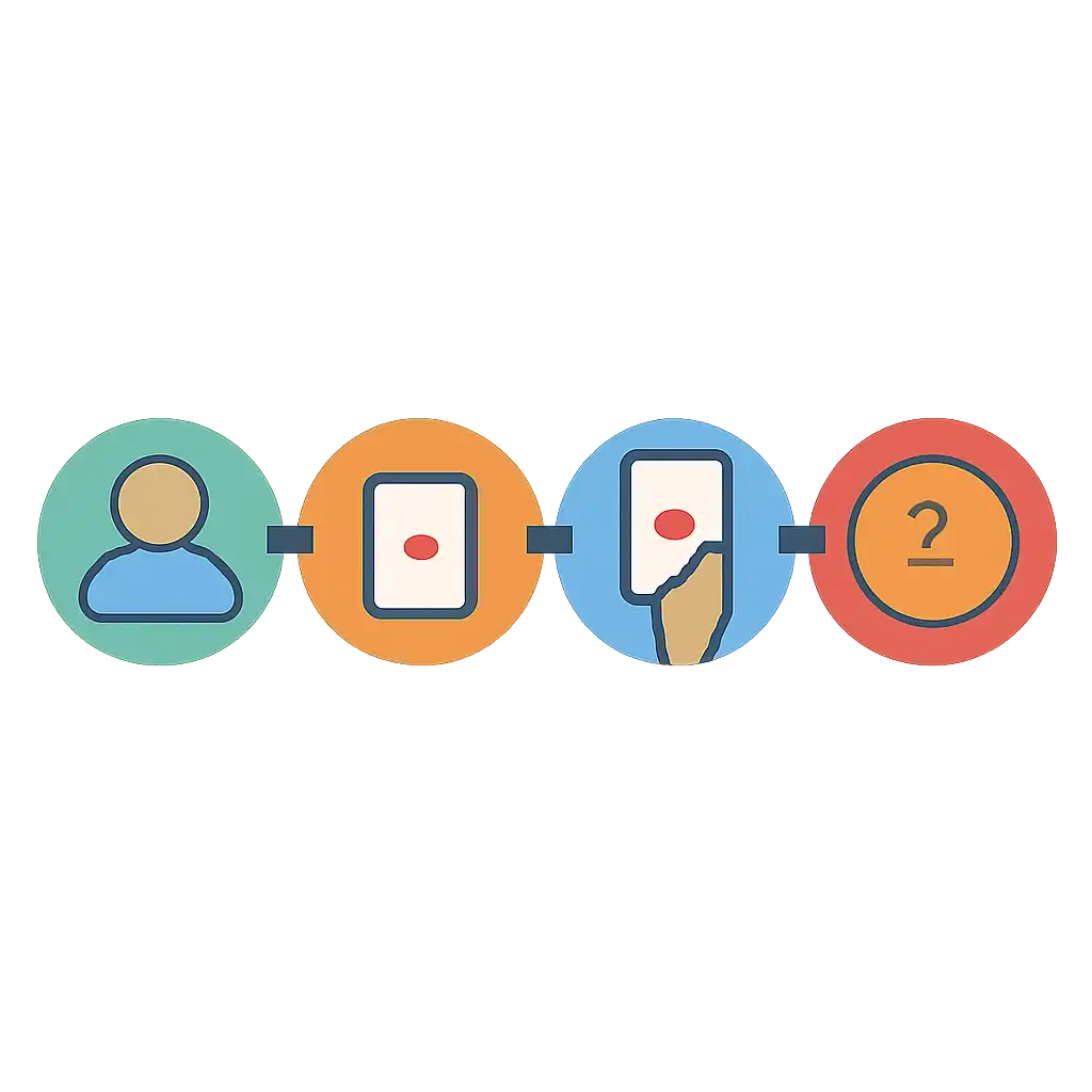 Five numbered circular icons connected by arrows in a horizontal flow, flat illustration, icons only, no words, Teen Patti steps