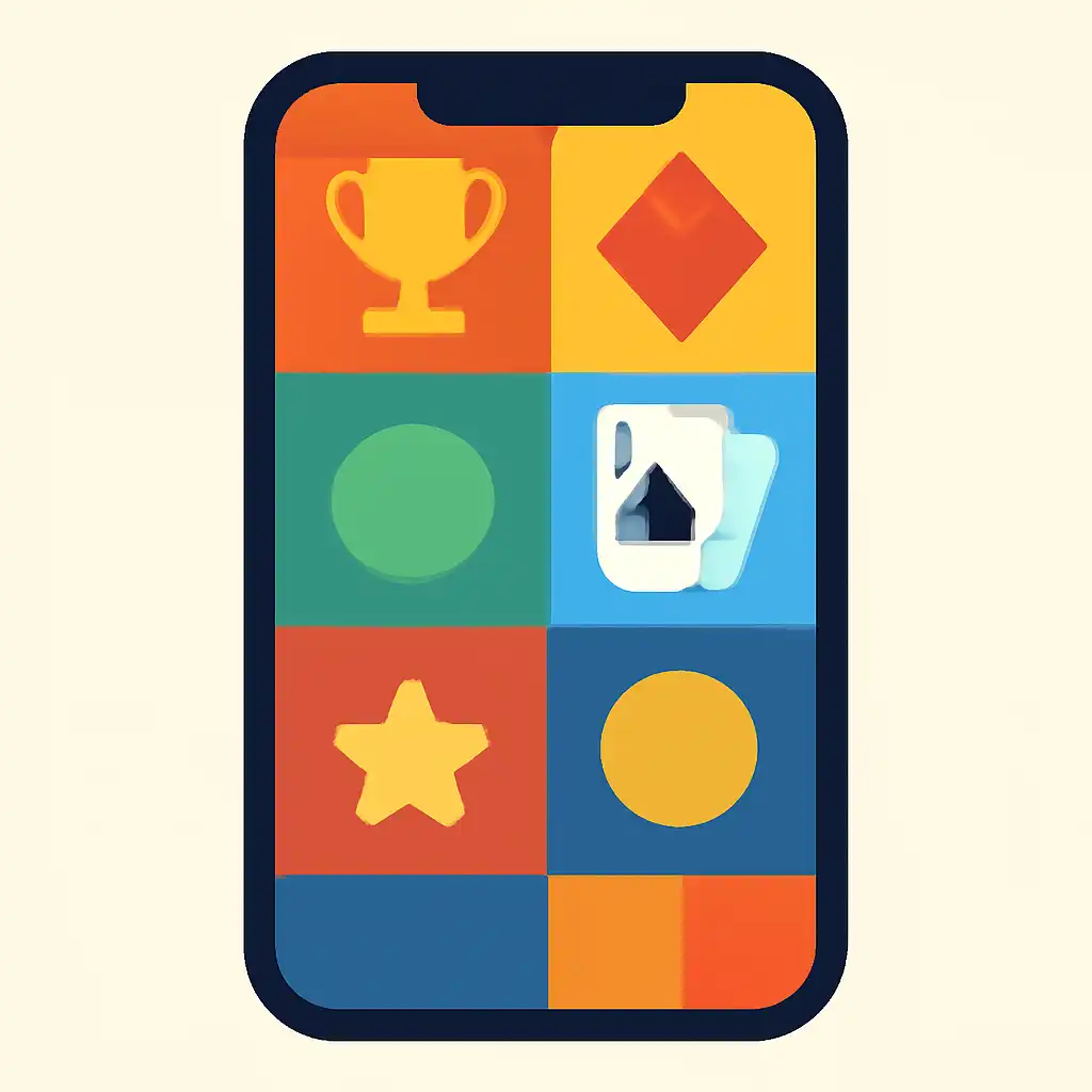 Smartphone shown from the front displaying a colourful flat layout of abstract game icons and rounded tiles (no text, no letters, no labels), Playing for Real Money
