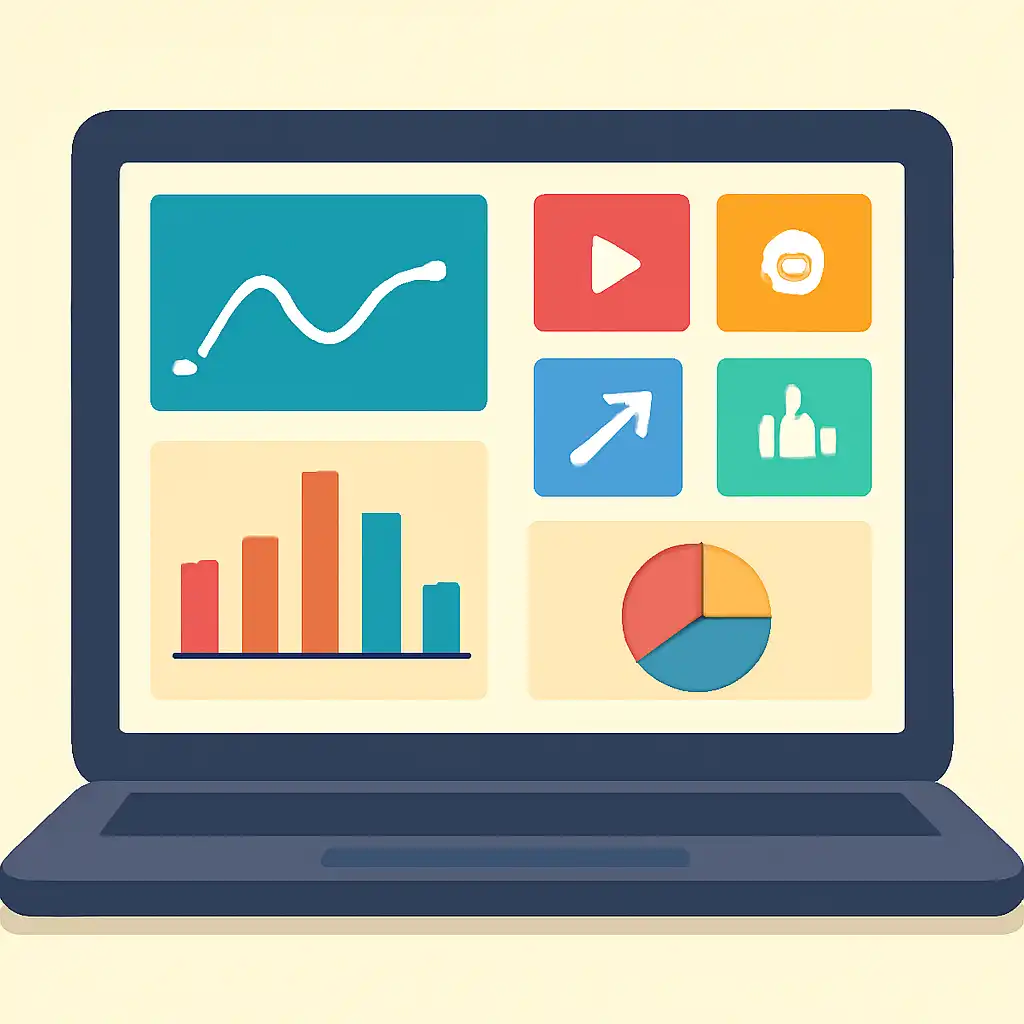Laptop shown from the front displaying a colourful flat dashboard of abstract charts, bars and icon tiles (no text, no letters, no labels), Playing for Real Money