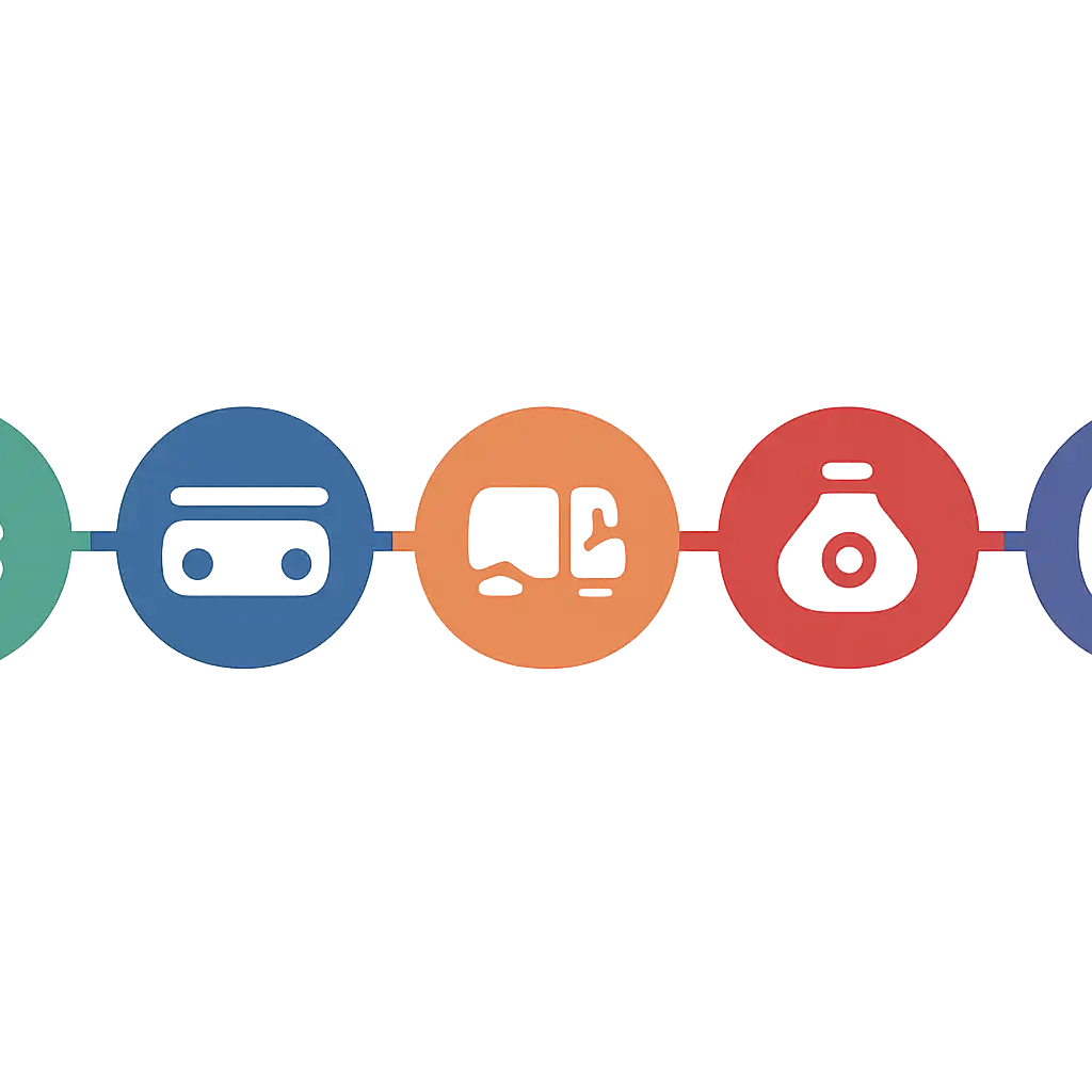 Five numbered circular icons connected by arrows in a horizontal flow, flat illustration, icons only, no words, Playing for Real Money steps