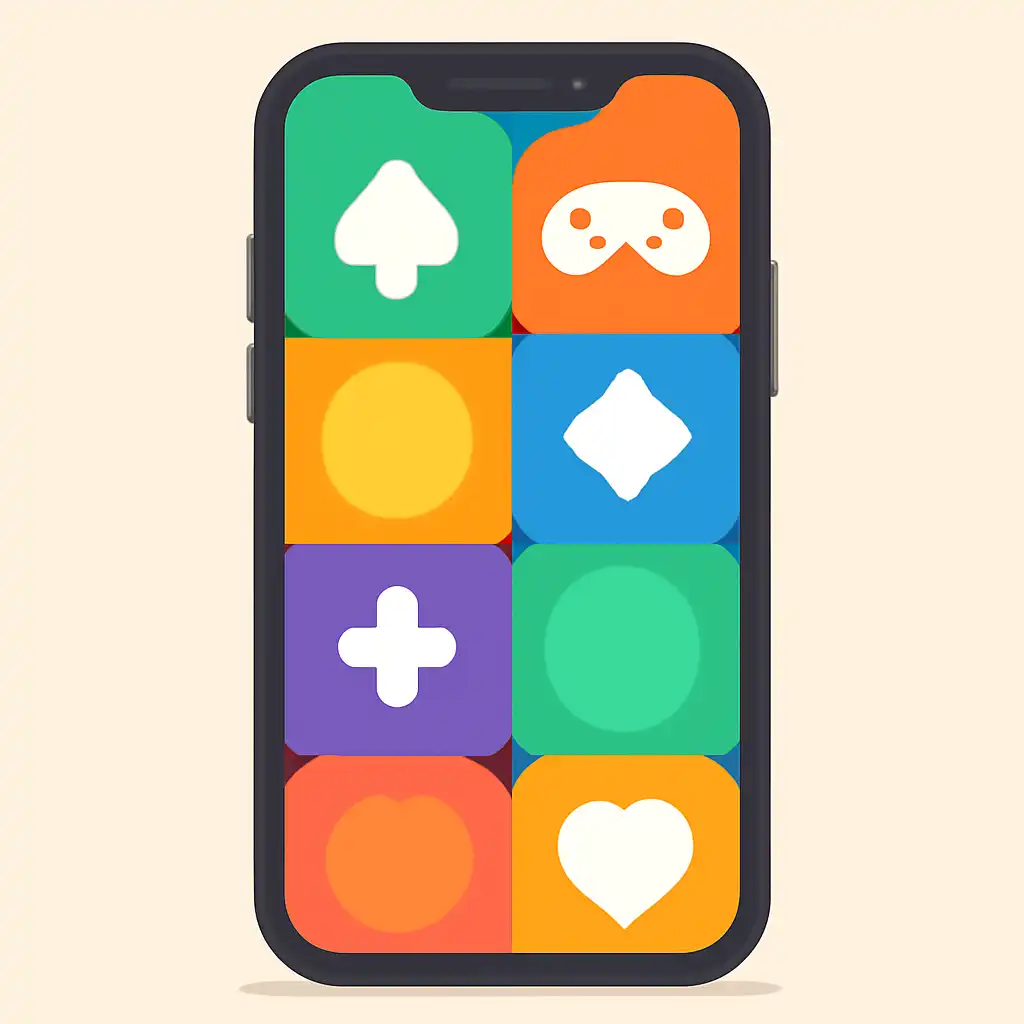 Smartphone shown from the front displaying a colourful flat layout of abstract game icons and rounded tiles (no text, no letters, no labels), Live vs Automated Tables