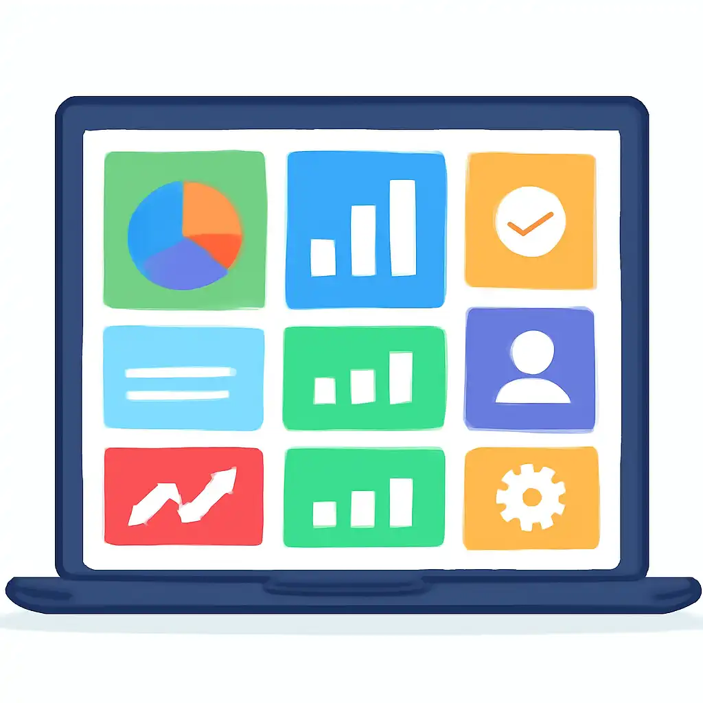 Laptop shown from the front displaying a colourful flat dashboard of abstract charts, bars and icon tiles (no text, no letters, no labels), Live vs Automated Tables