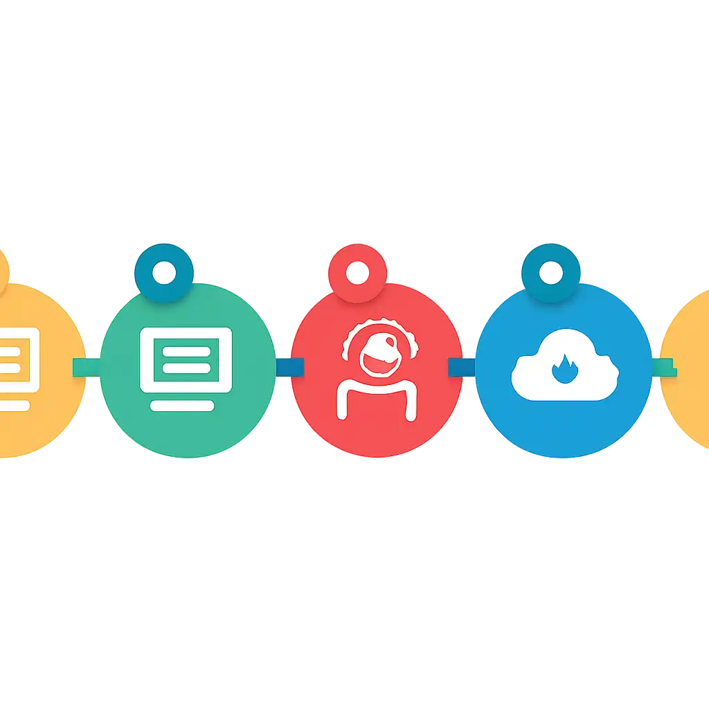 Five numbered circular icons connected by arrows in a horizontal flow, flat illustration, icons only, no words, Live vs Automated Tables steps