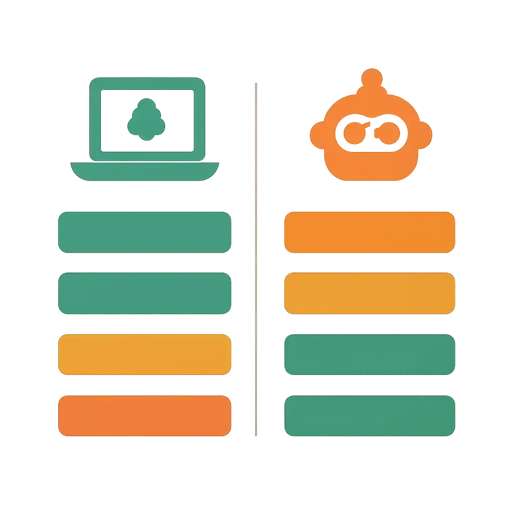 Infographic comparing options using coloured bars and icons only, no text or labels, flat design, Live vs Automated Tables