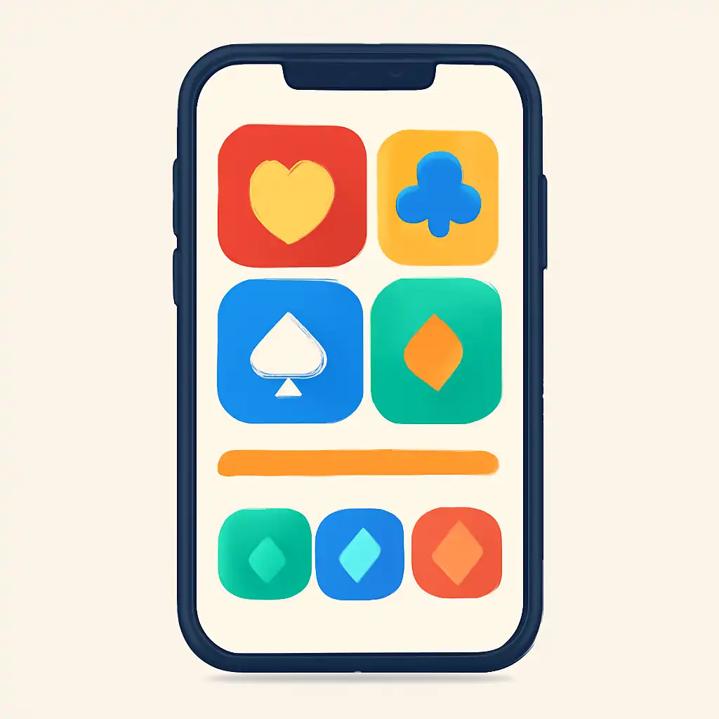 Smartphone shown from the front displaying a colourful flat layout of abstract game icons and rounded tiles (no text, no letters, no labels), Teen Patti Basics