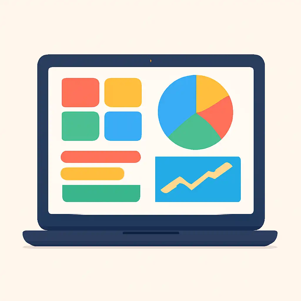 Laptop shown from the front displaying a colourful flat dashboard of abstract charts, bars and icon tiles (no text, no letters, no labels), Teen Patti Basics