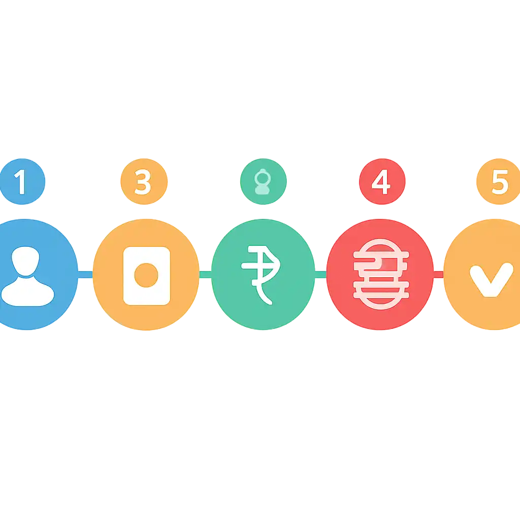 Five numbered circular icons connected by arrows in a horizontal flow, flat illustration, icons only, no words, Teen Patti Basics steps
