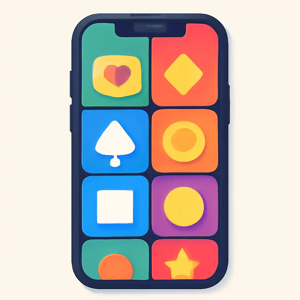 Smartphone shown from the front displaying a colourful flat layout of abstract game icons and rounded tiles (no text, no letters, no labels), Reading the Table