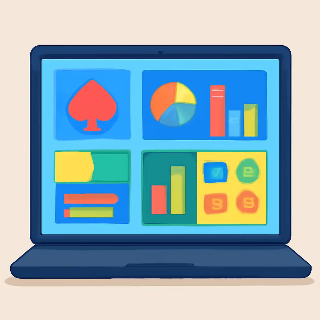 Laptop shown from the front displaying a colourful flat dashboard of abstract charts, bars and icon tiles (no text, no letters, no labels), Reading the Table