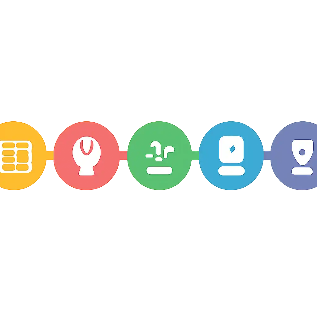 Five numbered circular icons connected by arrows in a horizontal flow, flat illustration, icons only, no words, Reading the Table steps