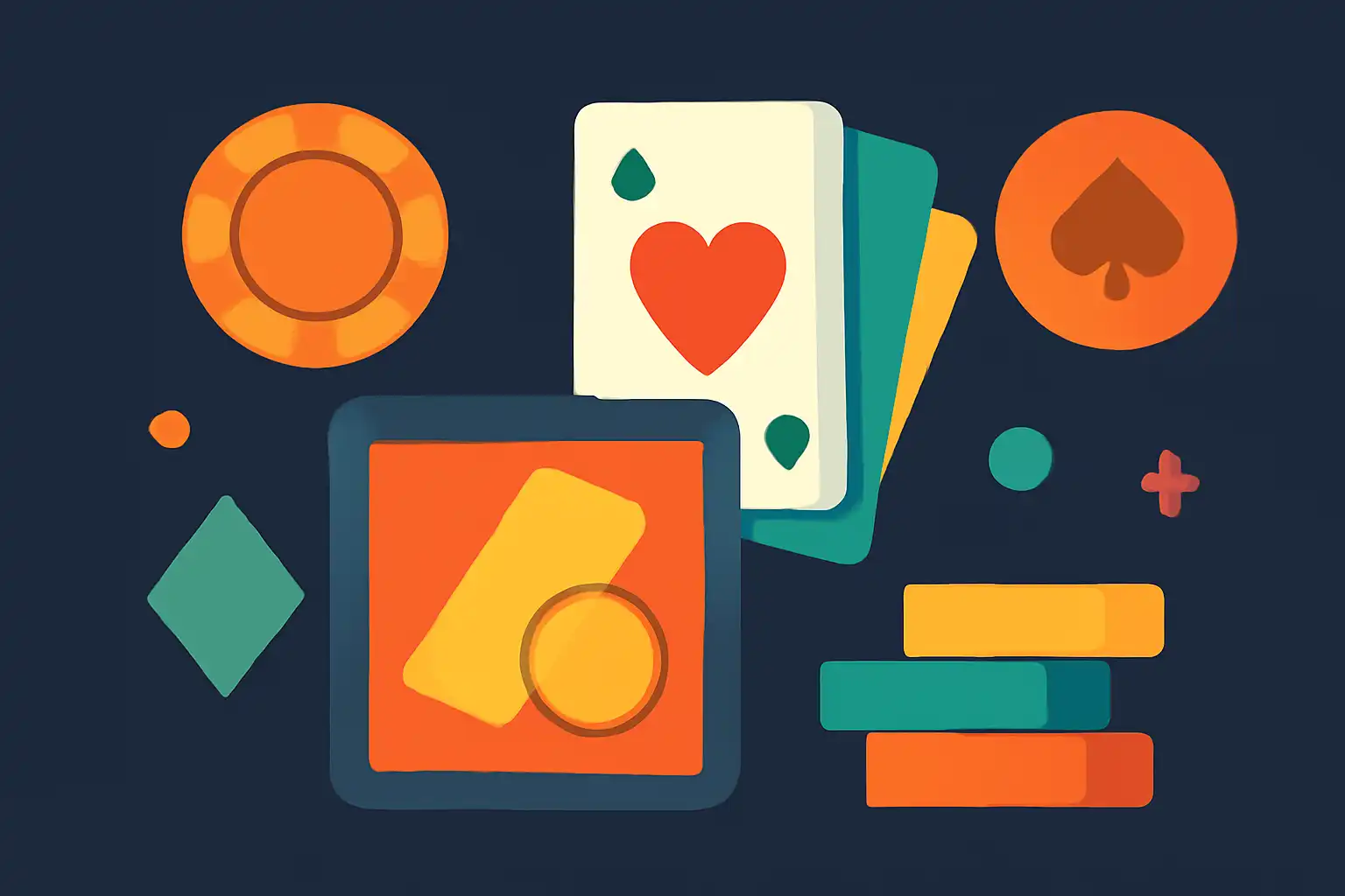 Hero illustration: Teen Patti Variants, modern flat design, dark background, brand-neutral, icons and shapes only, no text