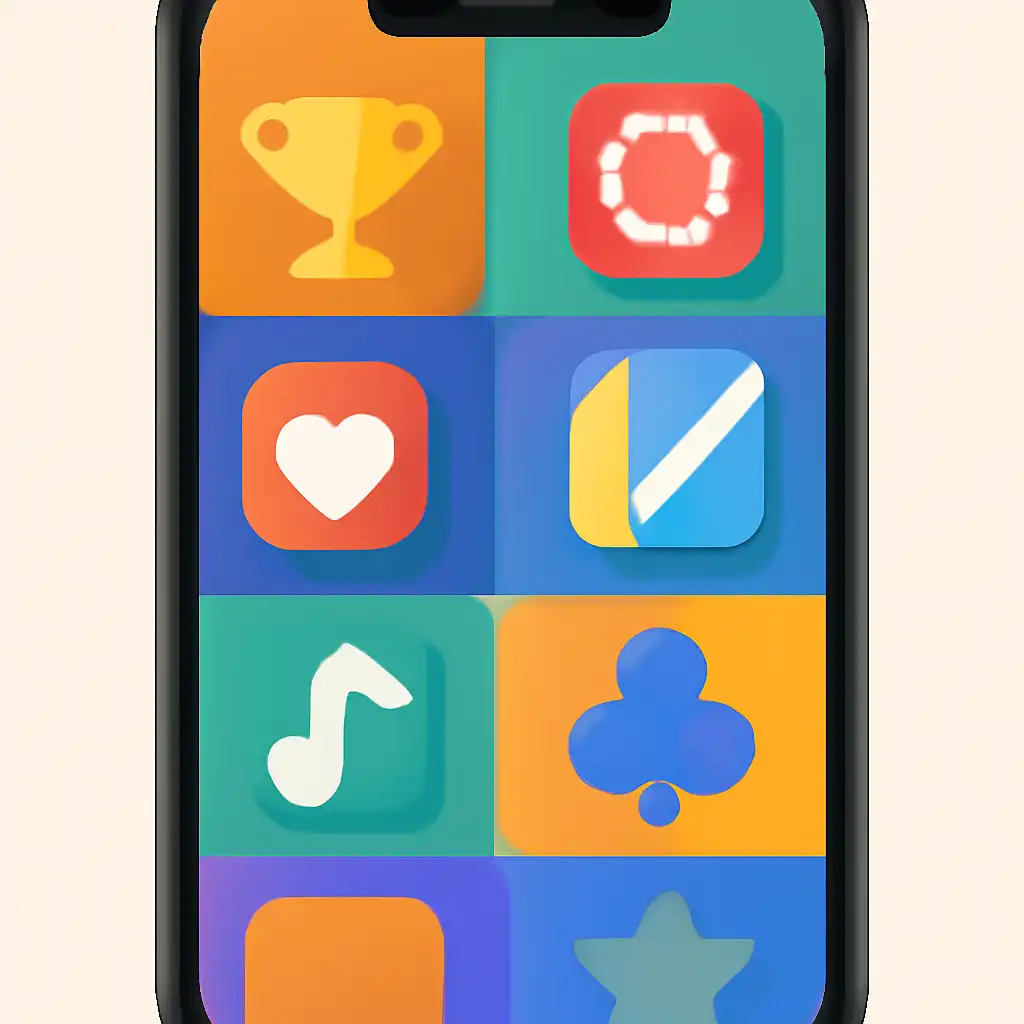 Smartphone shown from the front displaying a colourful flat layout of abstract game icons and rounded tiles (no text, no letters, no labels), Teen Patti Variants