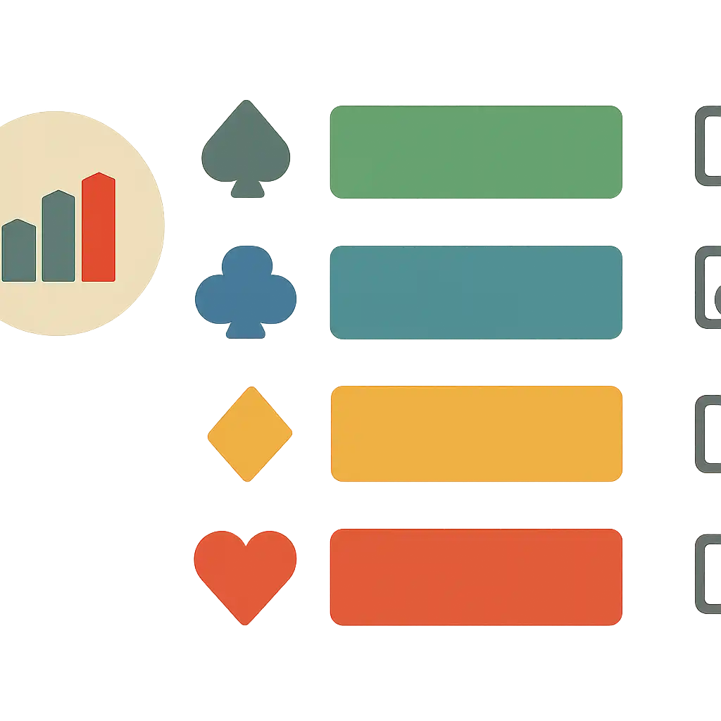 Infographic comparing options using coloured bars and icons only, no text or labels, flat design, Teen Patti Variants