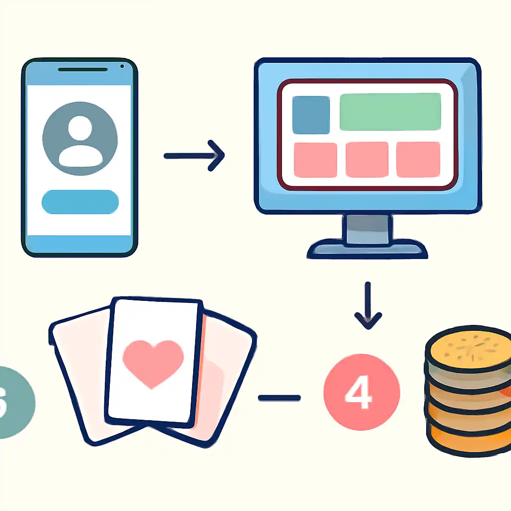 Annotated step diagram: teen patti online process with numbered callouts